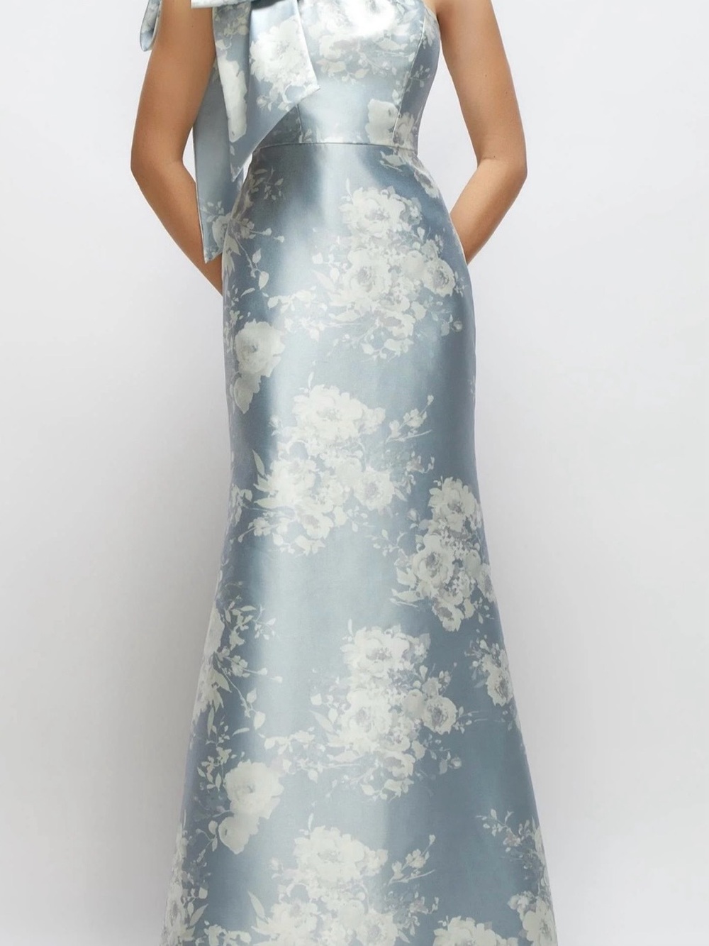 ALFRED SUNG Pale Blue Floral Satin Gown